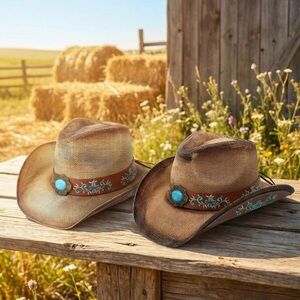 Boho Concho Buckle Embroidered Band Accent Western Cowboy Hat